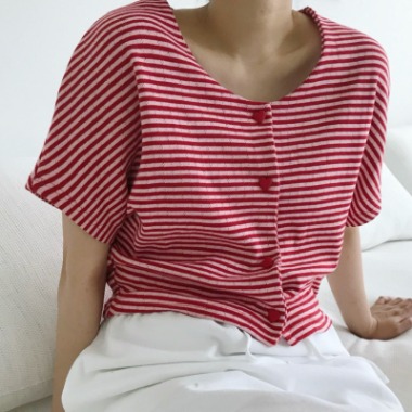 stripe heart button short sleeve cardigan (red, black)